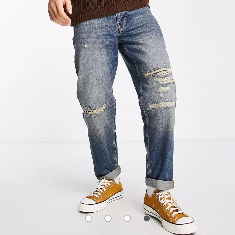 Topman ASOS Jeans Relaxed Rip & Repair Jeans in Dark Mid Wash Blue W30 x L29 NWT